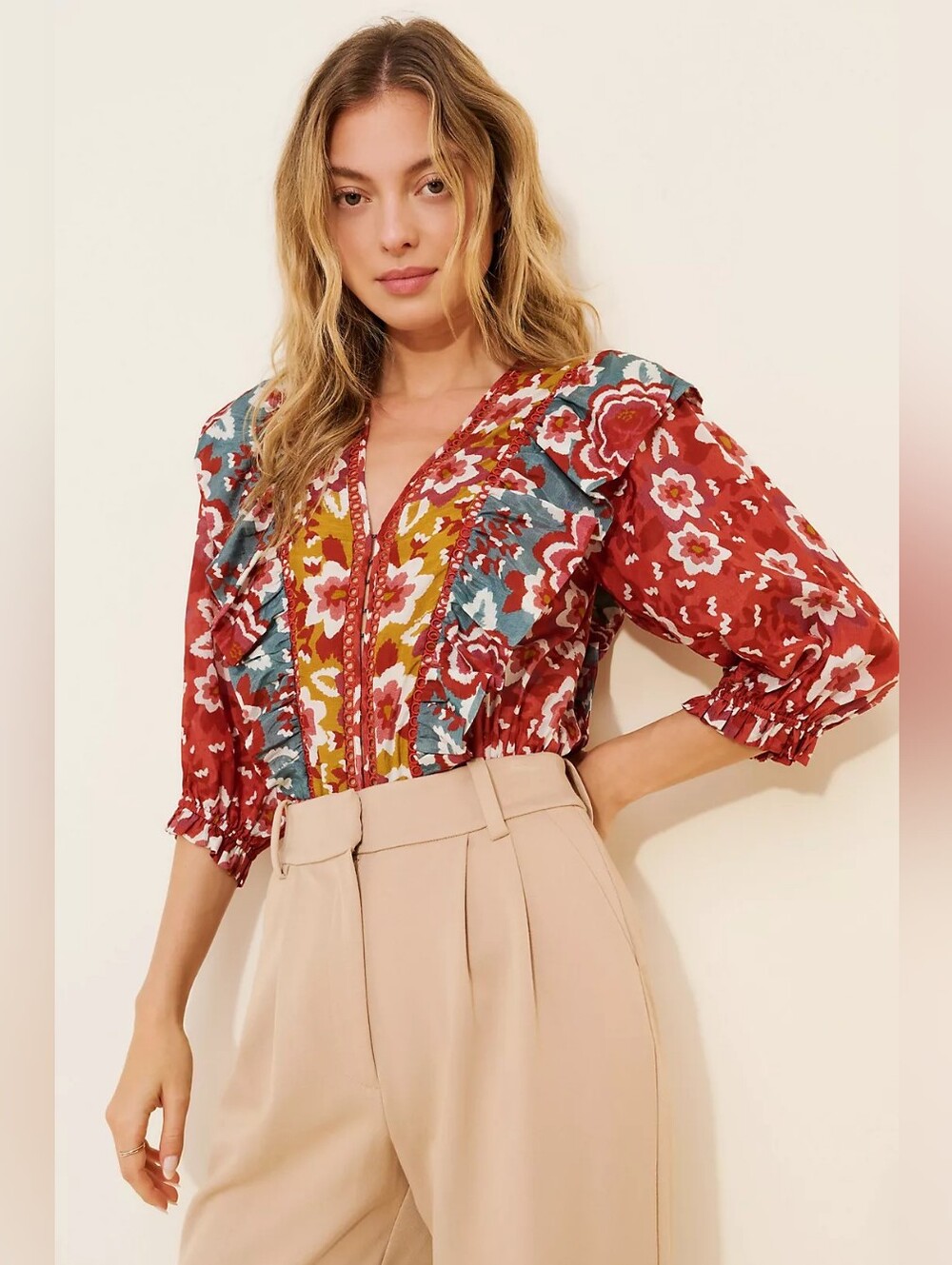 FARM Rio Floral Puff Sleeve Ruffle Bodysuit | Anthropologie | Boho Floral Large